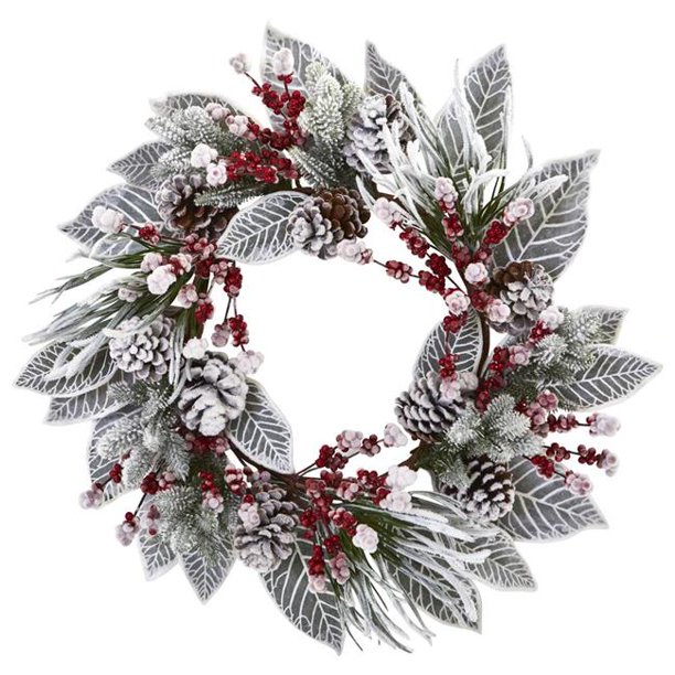 Nearly Natural 4262 24 In Snowy Magnolia Berry Artificial Wreath Walmart Com Walmart Com