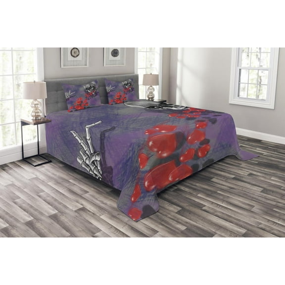 Ambesonne Skull Quilted Bedspread Set 3 Pcs, Hearts Deadly Romantic, King Size, Grey Red and Purple