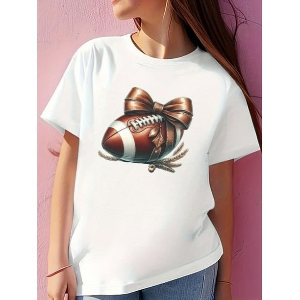 Camiseta informal negra para niña con estampado de rugby y lazo. Cómoda camiseta de manga corta y cuello redondo, ideal para actividades al aire libre en verano. Ideal para adultos, hombres, mujeres,