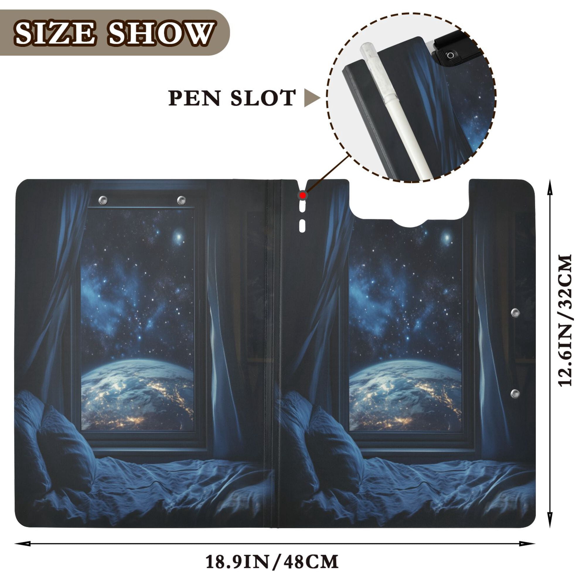 FORMRS A4 Clipboard Folder with Pen Holder Horizontal Foldable School Office Binder, Window Earth