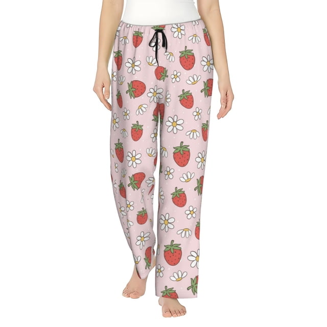 Balery Strawberry Floral Pantalones de pijama para mujer, pijamas ultraligeros, pantalones de estar por casa-X-Large