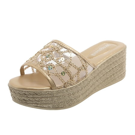 

Vuygyu Ladies Fashion Thick Bottom Slope Heel Slippers Women Fish Mouth Mesh One Word Sandals Slippers Womens Comfort Sandals with Arch Support Snakeskin Platform Sandals for Women Womens Strap