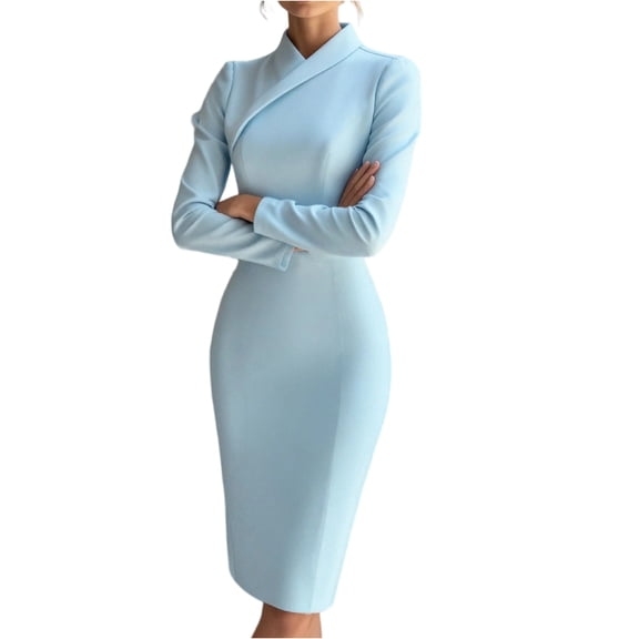 Mock Neck Bodycon Dress, Long Sleeve Form Fitting Pencil Dress, Elegant Work Dress for Corporate Office, Presentation & Evening Gala Sky Blue L