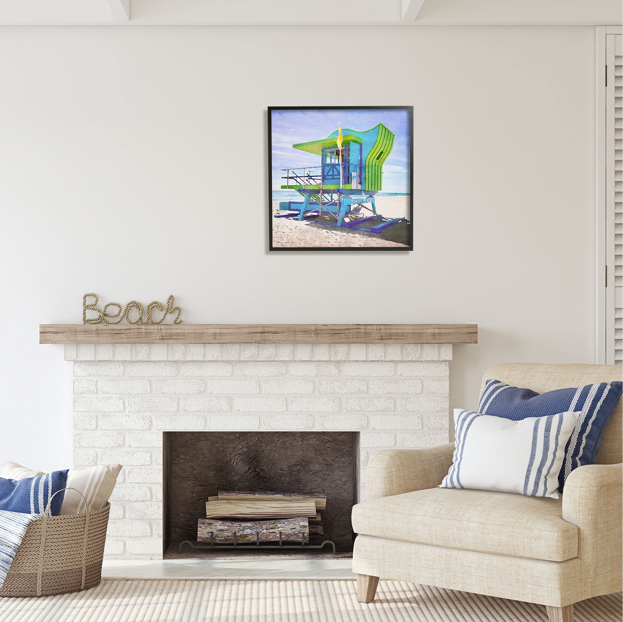 Stupell Industries Green Beach Hut Nature Painting Black Framed Art Print Wall Art, 24 x 24