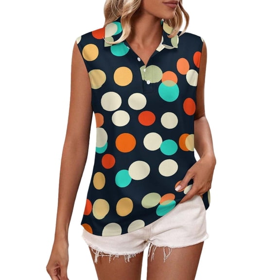 VOUZZA Women's Sleeveless Polka Dot Print Lapel Polo Golf Shirt Athletic Tennis Tank Top Sports Activewear