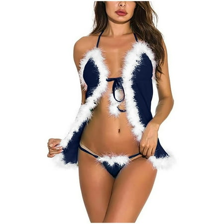 

KUNPENG Women s Sexy Lingerie Christmas Dress Flannel Plush Sling Nightdress Set Valentine s Nightgown Pajamas Dark Blue / S