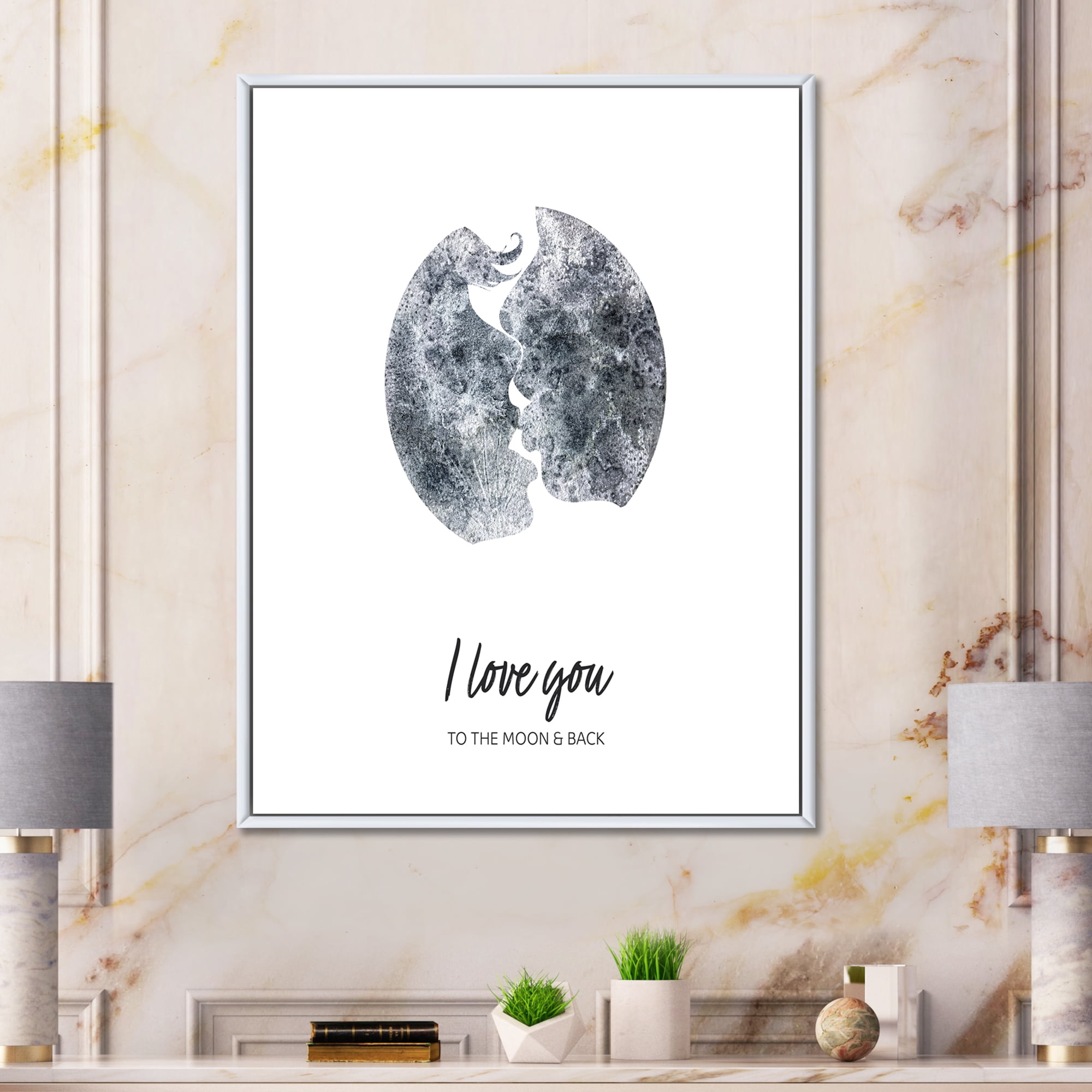 Designart 'Kiss of Two Lovers In Romantic Moon Shape' Modern Framed Canvas Wall Art Print