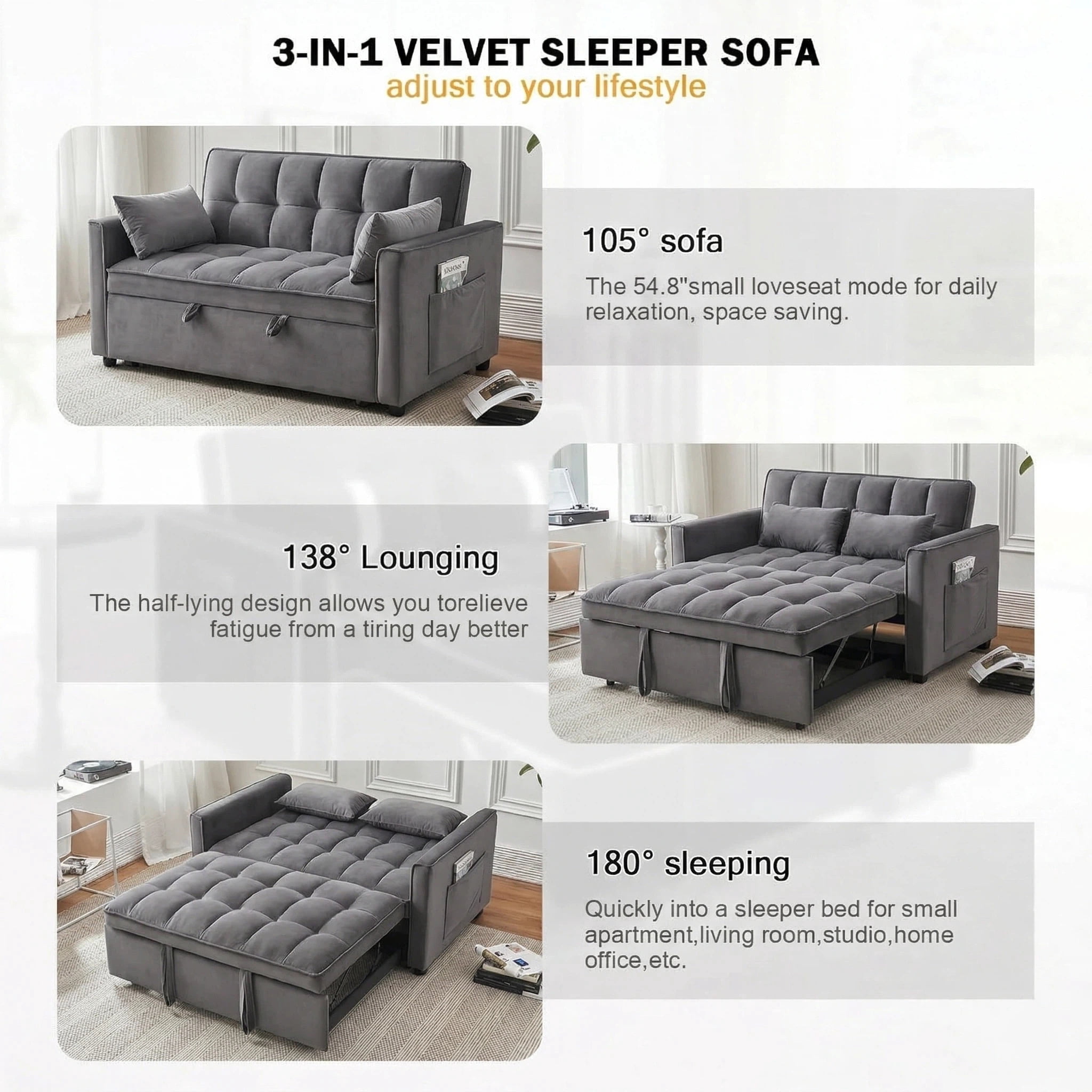 Avobird 3-in-1 Velvet Convertible Sleeper Sofa, Pull Out Couch Bed with Adjustable Backrest & Storage, Grey