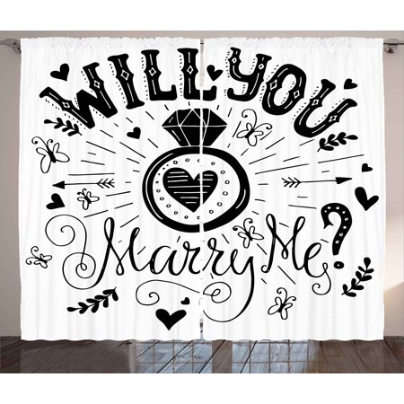 Curtains For Black And White Living Room Engagement Party Curtains 2 Panels Set, Western Themed Will YOu Marry Me Quote with Hearts Celebration Image, Window Drapes for Living Room Bedroom, 108W X 96L Inches, Black and White, by Ambesonne ()