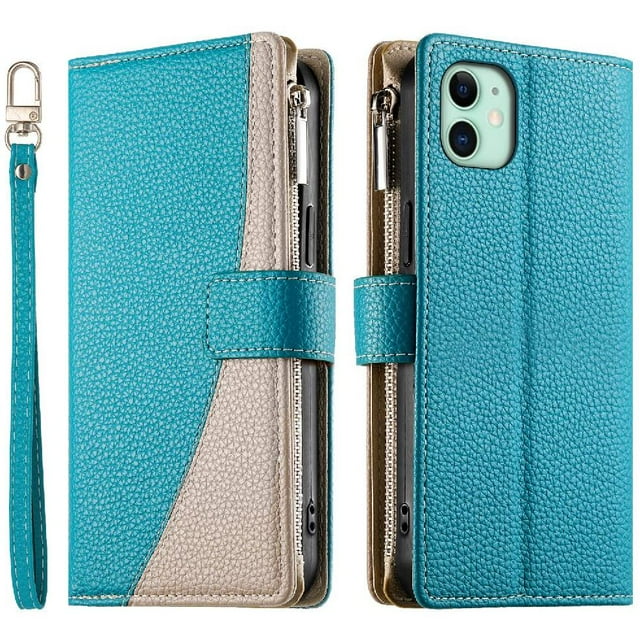Funda cartera GANGXUN para iPhone 11 , cuero PU con tarjetero, cremallera, correa de mano, soporte y protección 534°