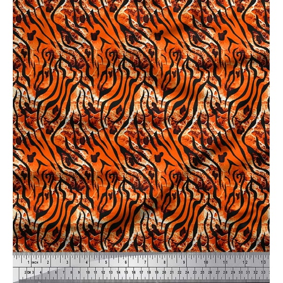 Soimoi Orange Cotton Cambric Fabric Leopard & Tiger Animal Skin Print Fabric by Yard 58 Inch Wide