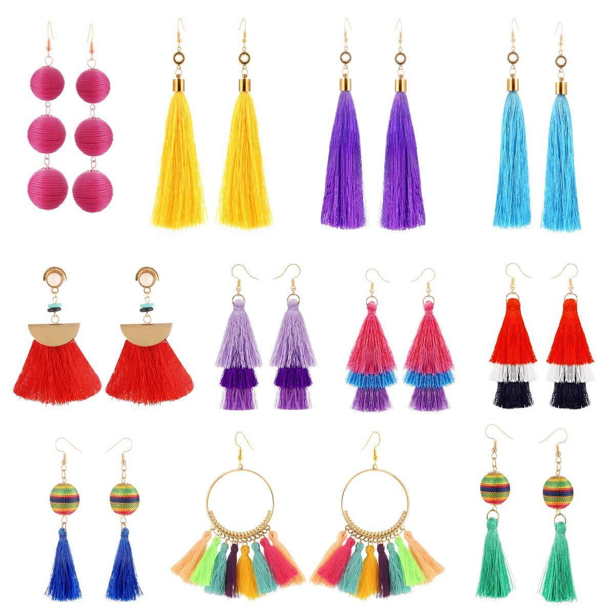 TAMHOO 914 Pairs Colorful Long Layered Thread Ball Dangle Earrings
