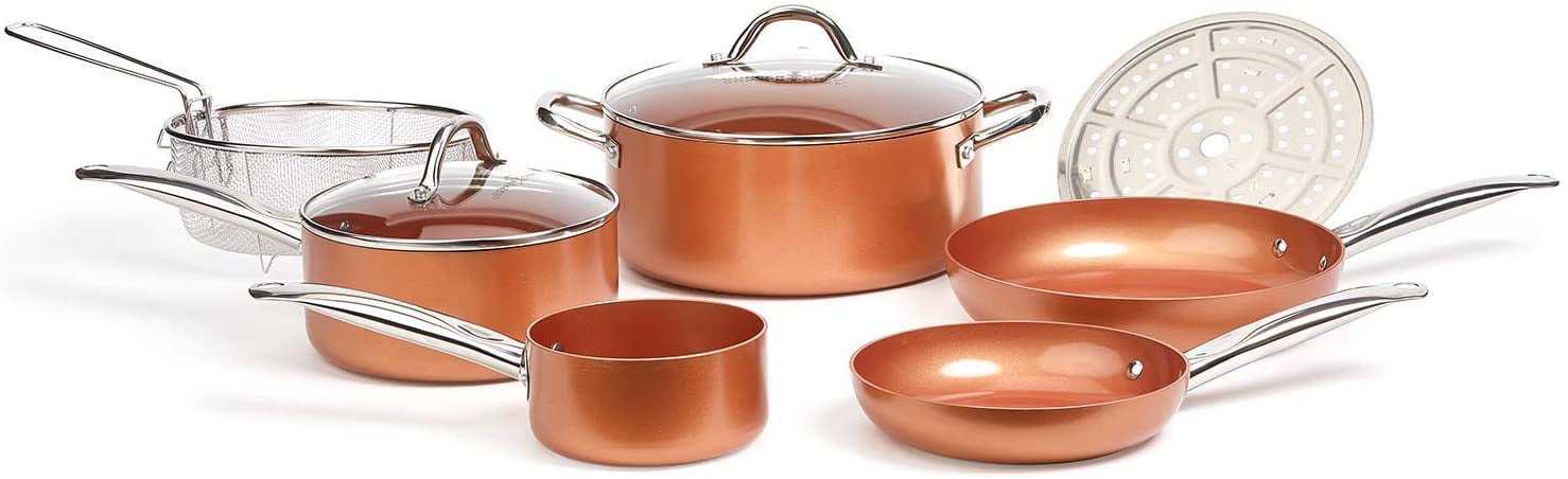 10-Piece Nonstick Pan Set Copper Cookware Chef CeramiTech Utensils Pans Pots 