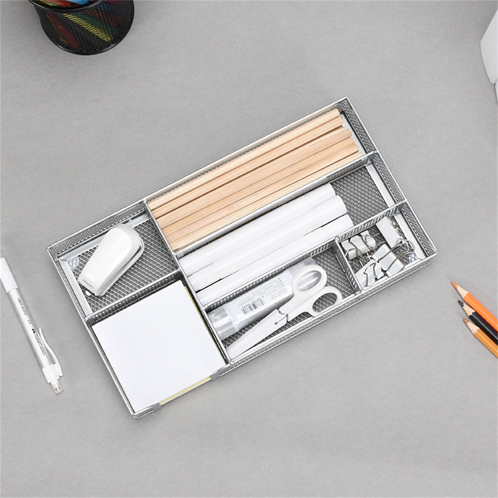 Metal Mesh Desk Drawer Organizer Tray - 6 Compartment Divider For Office Supplies, Makeup, Tools (Size: 10.9" X 6.1", Black) - View #11