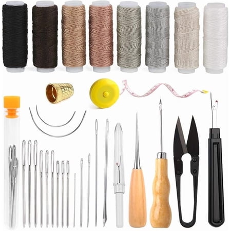 Upholstery Repair Kit 50 Pcs Heavy Duty Sewing Kit with 8 Colors Thread 32 Pcs Upholstery Needles Sewing Awls for Hand Stitching Car Sofa Shoe Backpack Craft DIY b