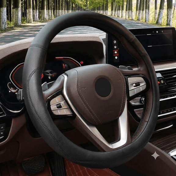 OFEFE Breathable Genuine Leather Steering Wheel Cover (14.5-inch–15-inch), Enhances Grip and Comfort, The Top Choice for Durability, Suitable for All Seasons — Black