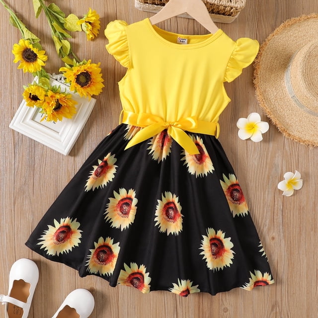 PatPat Robe à Imprimé Floral de Tournesols Rouge/jaune pour Tout-Petit