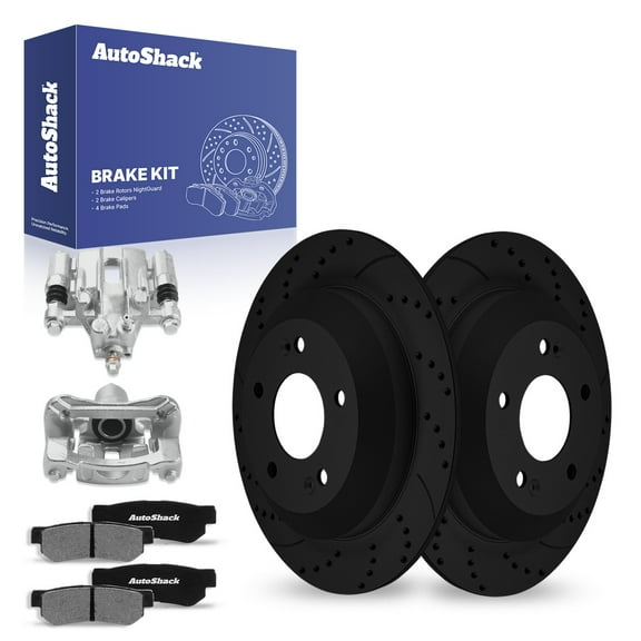 AutoShack Rear Solid Drilled & Slotted E-Coated Brake Rotors Black Finish   Ceramic Pads   Calipers 8-PC Brake Kit Replacement for 2011-2016 Kia Sportage NightGuard 11.18" (284 mm)