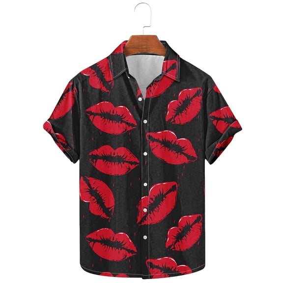 ZRGHAOYLQ Mens Button Down Shirts Plus Size Short Sleeve Wrinkle Free Shirt Sweet Lip Print Casual Shirts Lightweight Hawaiian Holiday Tops for Valentine's Day