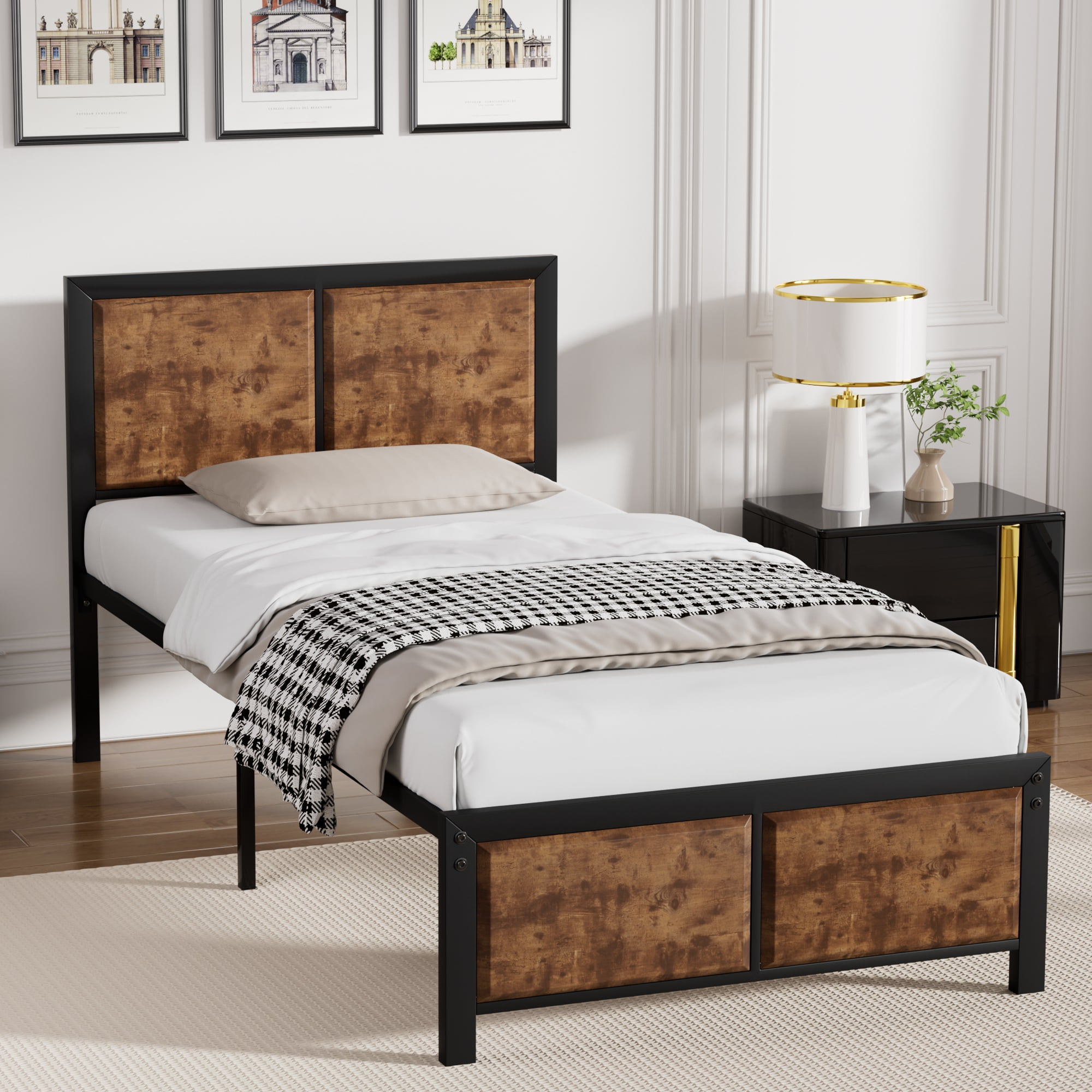 VECELO Metal Platform Bed Frame, Wooden Headboard and Footboard, Black & Wood Grain, Twin Size