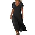 thumbnail image 3 of TaTaai Short Sleeve V-Neck Maxi Dress Women's Solid Color Casual Dress with Lock Detail Stretchy Polyester Blend Summer Wear Gift, 3 of 6