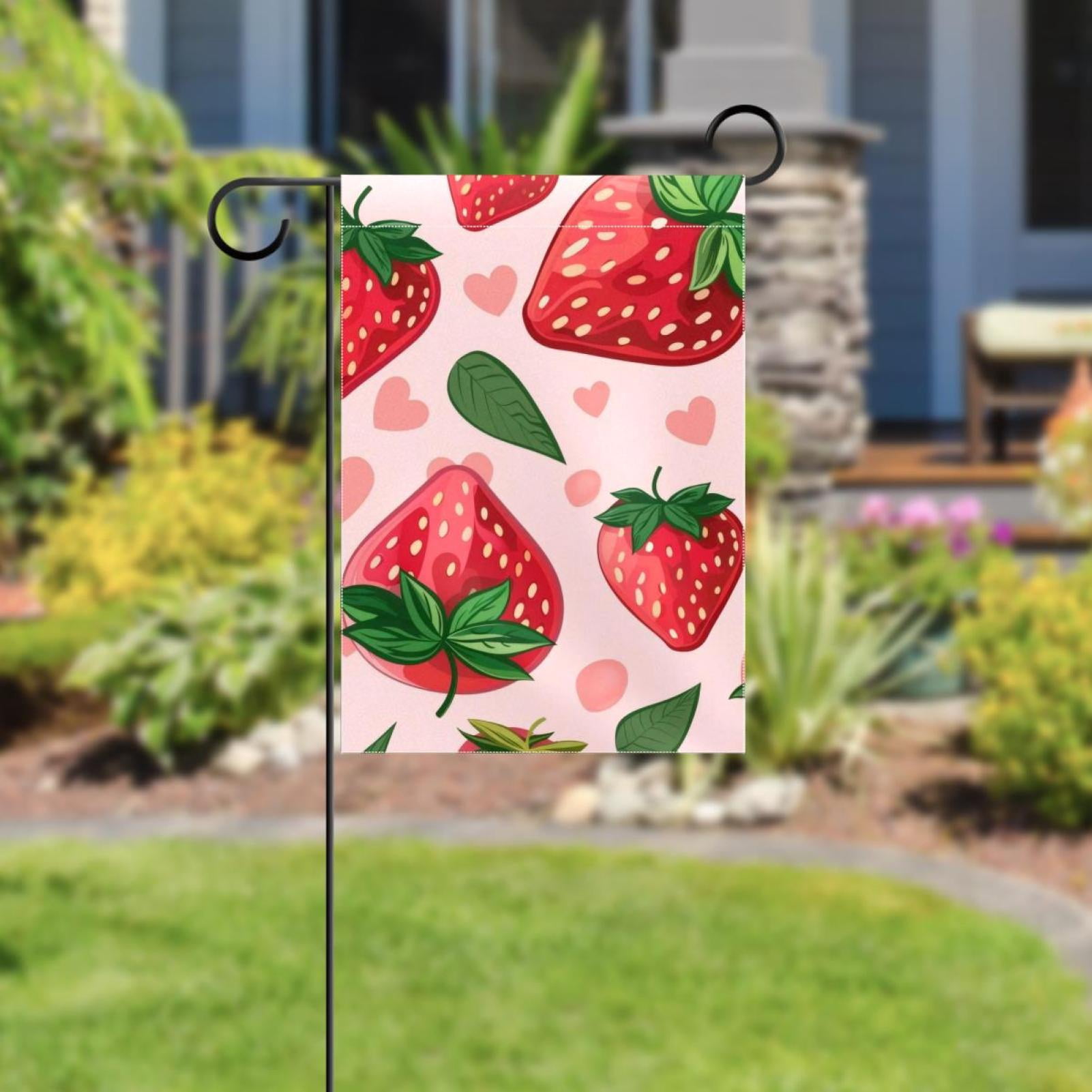 Welcome Strawberry with Green Leaves Pink Hearts Garden Flag, Vertical Double Sided Small House Flag, Yard Farmhouse Outdoor Deck Veranda Lawn Decor 28x40 Inch