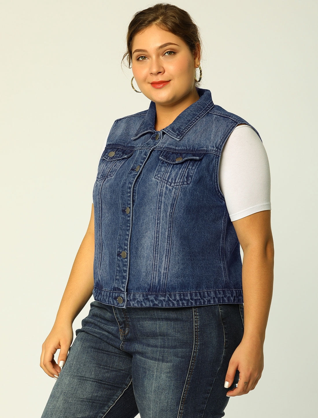 Unique Bargains Juniors' Plus Size Chest Pockets Single Breasted Denim Vest