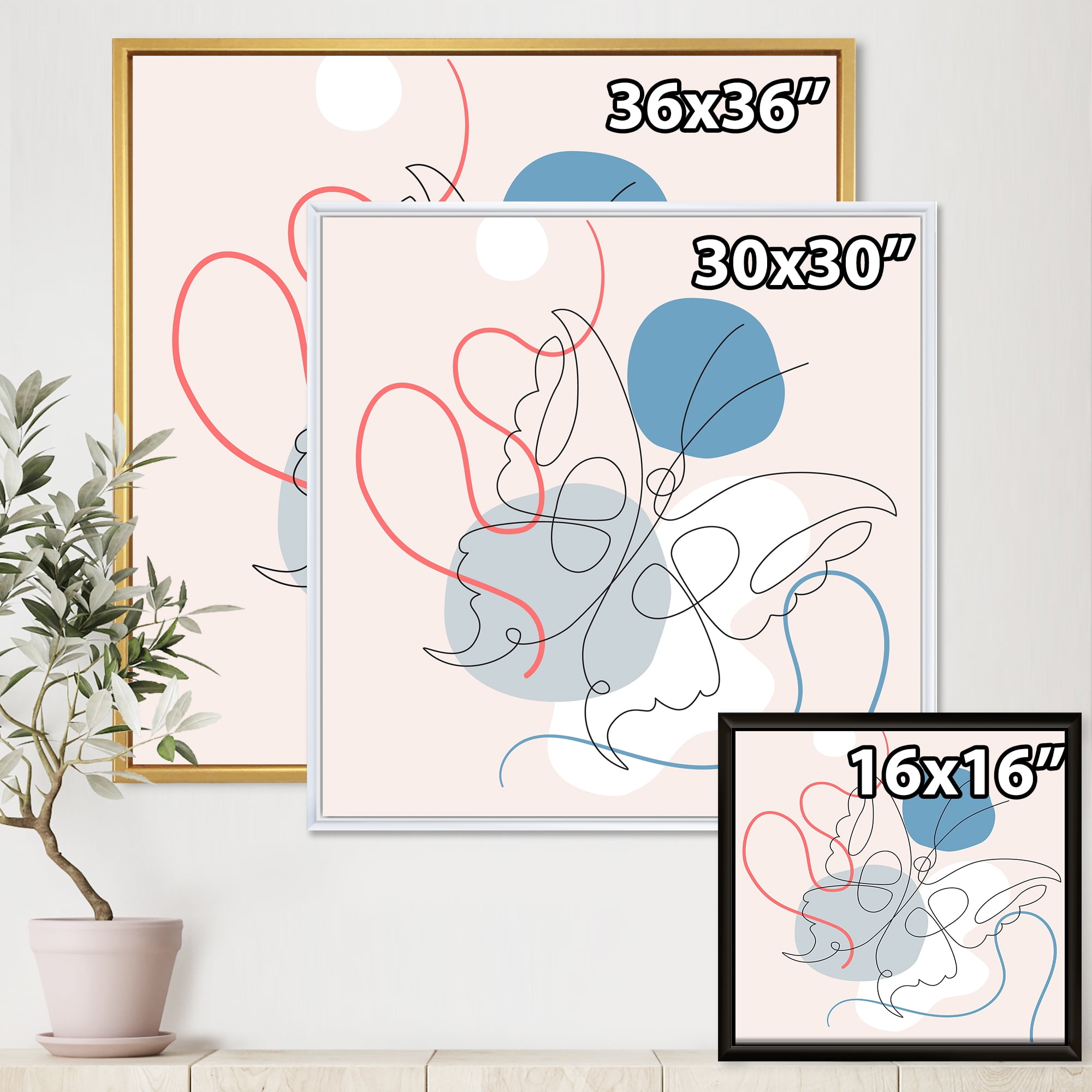 Designart 'Butterfly With One Line Drawing On Cubism Shapes I' Modern Framed Canvas Wall Art Print