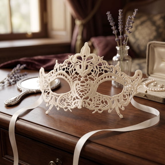 Lace Masquerade Mask White 9 Inch Venetian Masquerade Masks for Women, Mardi Gras Mask Accessory for Masquerade Party Halloween Bachelorette Event, 1 Pack