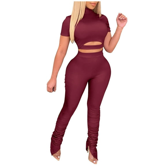 Women Fitted 2 Piece Outfits Short Sleeve Turtleneck Cutout Crop Top with Long Split Pants Legings Set Clubwear