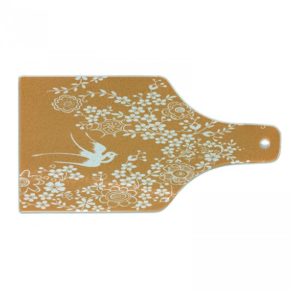 Japanese Cutting Board, Oriental Floral Japanese Style Flying Birds Pastel Colored Spring Pattern, Decorative Tempered Glass Cutting and Serving Board, Wine Bottle Shape, Marigold White, by Ambesonne