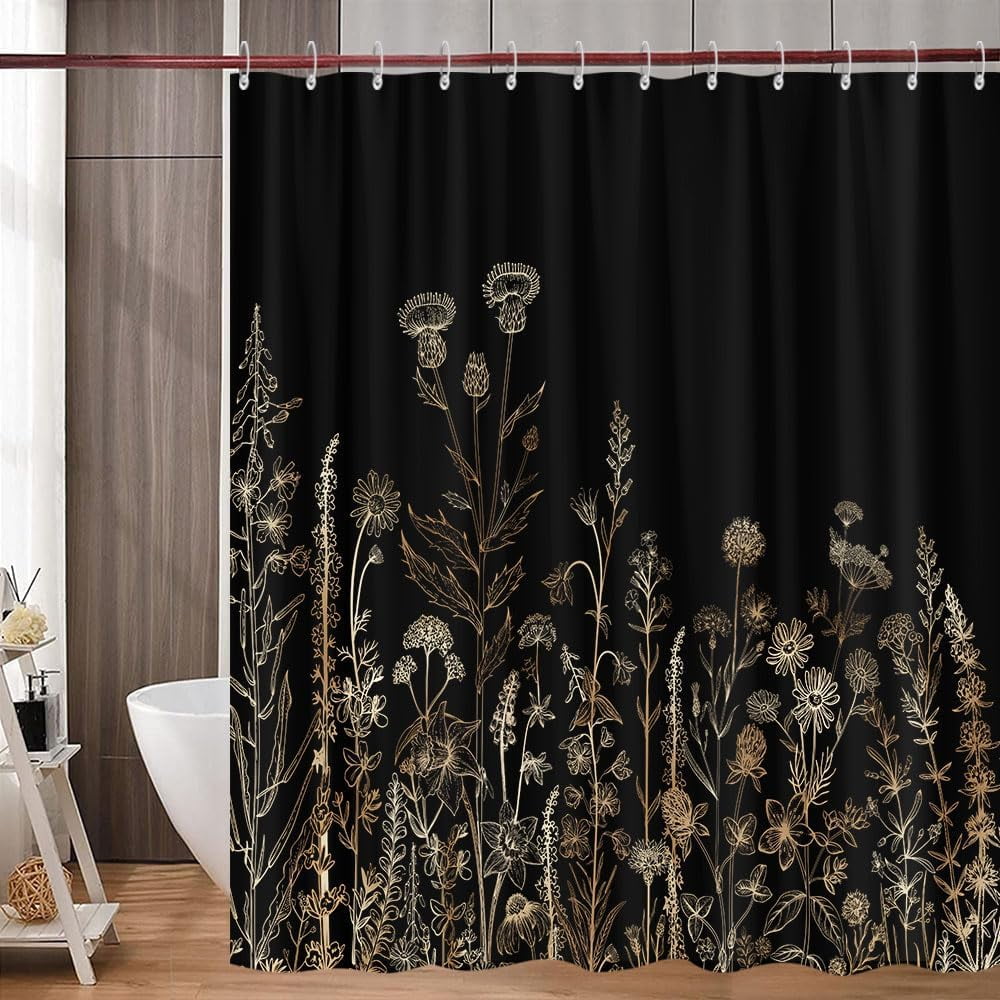 Vintage Black and Gold Boho Shower Curtain, Black and Tan Cream Floral Aesthetic Dark Wildflower Botanical Flowers Shower Curtain for Bathroom with Hook,Farmhouse Plant Art Chic Shower Curtain 72X72