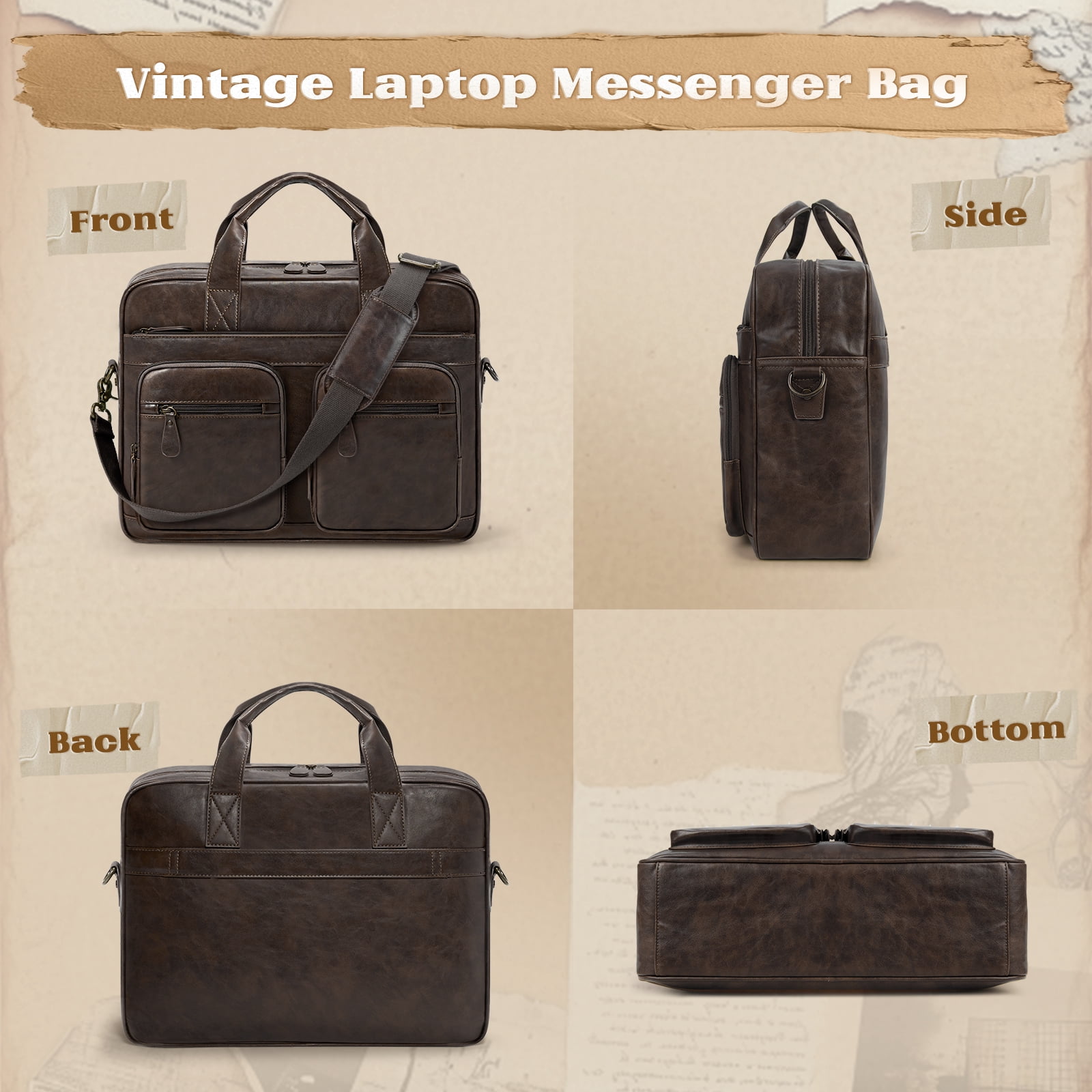 RAINSMORE 15.6 Inch Messenger Bag for Men Vintage PU Leather Laptop Bag Waterproof Computer Briefcases for Men Retro Mens Briefcase Satchel Bag for Work Office Business Travel,Coffee