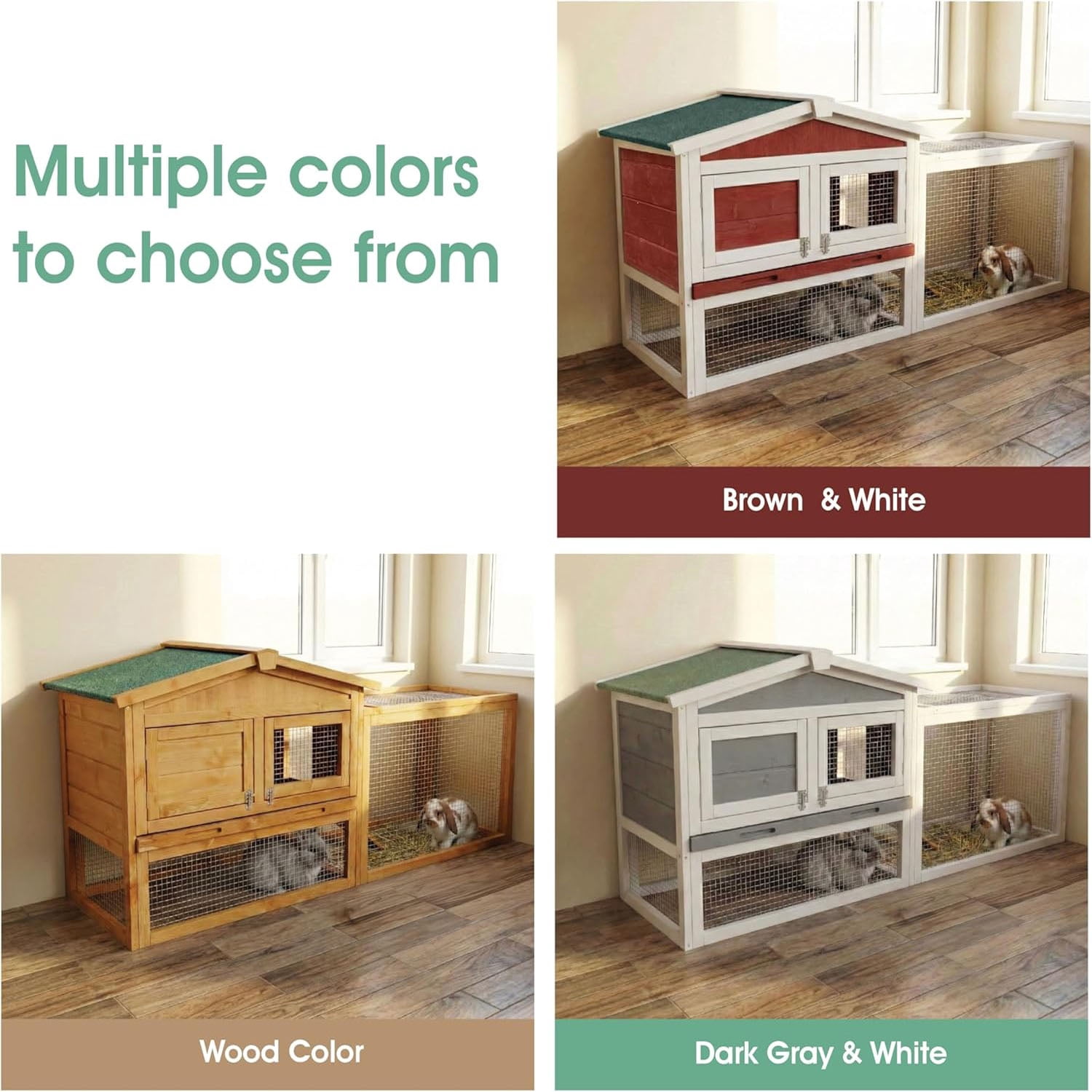 Gaderth Rabbit Hutch, 60in 2-Story Wooden Stable Bunny Cage Indoor/Outdoor with Removable Wire Netting and Weatherproof Leak Proof Tray Anti-Chew Metal Frame Ramp for Small Animals