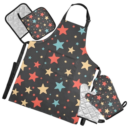 Colorful Stars 5 Pcs Kitchen Set Heat Resistant Oven Mitts and Non-Slip Pot Holders with Adjustable Cooking Apron