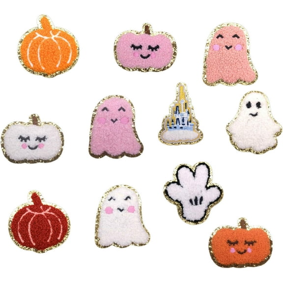 Halloween Pumpkin Spirit Iron On Chenille Patches Glitter Edge Applique Ghost Embroidered Patch for T-Shirt Jeans Hat DIY Crafts Supplies Stickers (11 pcs)