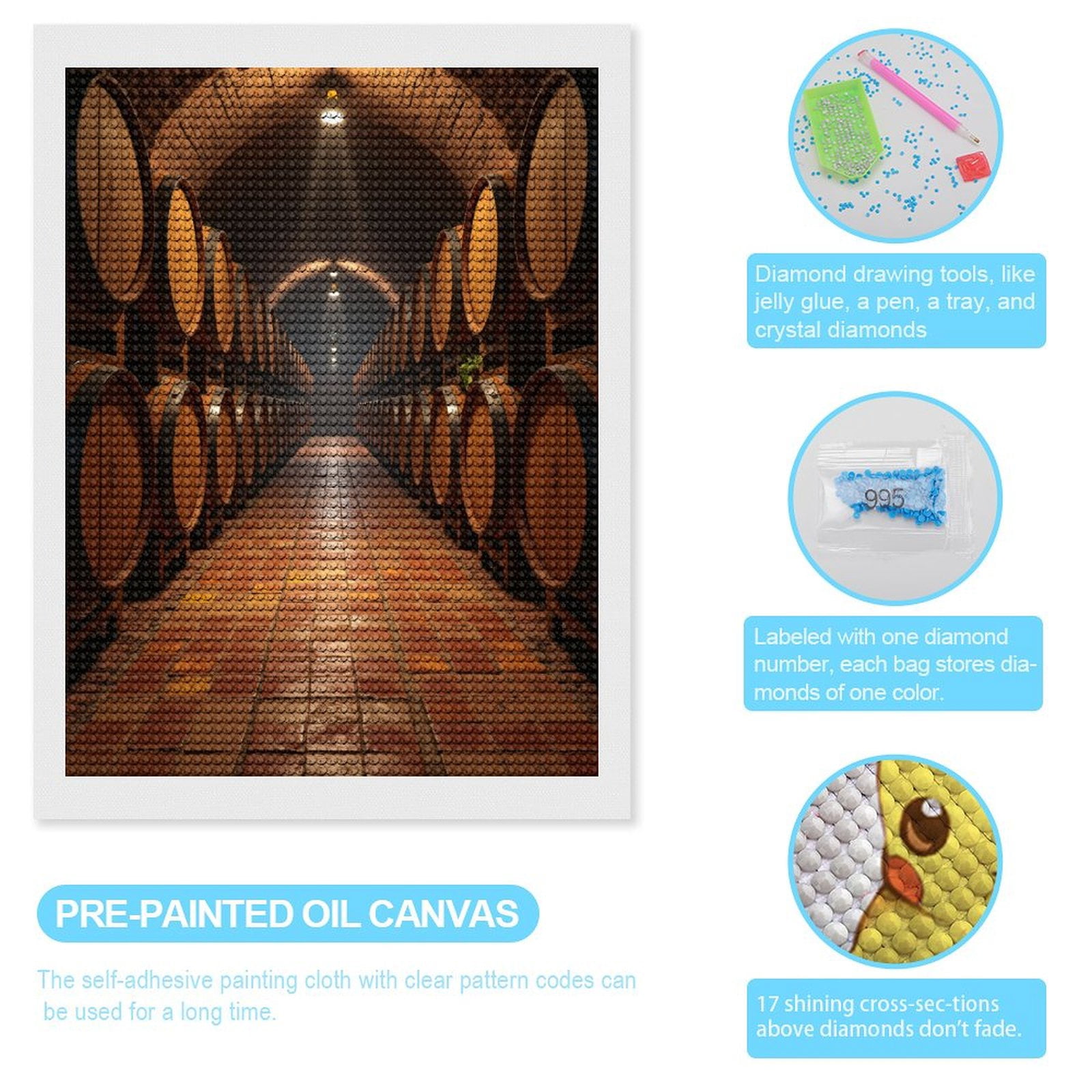 Diamond Art Kits for Adults, Barrel Wine Cellar Interior Stacked 5D Diamond Painting Kits for Adults Beginners, DIY Full Drill Diamond Painting, Gem Art and Crafts 12x16