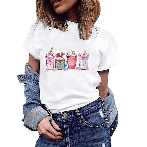 Pimelu Valentines Shirts for Women Womens Tops Dressy Casual Valentines Day Shirts Womens Summer Casual Round Neck Short Sleeve Tshirt Fashion Cups Print Ladies Comfy Blouses Tops
