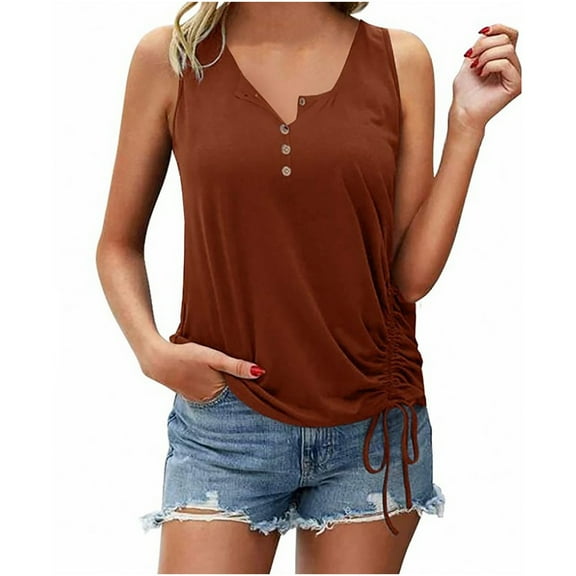 gakvbuo Summer Tank Top for Womens 2025 Summer Women'S Solid Color-Breasted Half Cardigan Drawstring Vest T-Shirt