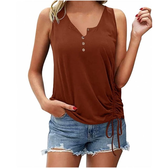 fheaev Summer Savings Clearance Summer Tank Top for Womens 2025 Going Out Tops!Women's Solid Color-Breasted Half Cardigan Drawstring Vest T-Shirt