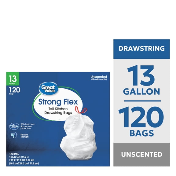 Great Value 13 Gallon Strong Flex Tall Kitchen Drawstring Bags, 120 Bags