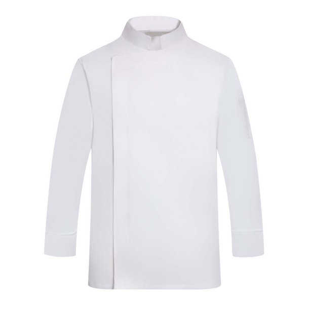 Chaqueta de chef unisex: manga larga, botones rojos en contraste, mezcla de materiales para trabajar en cocinas y hoteles