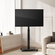 FITUEYES Swivel Modern Rolling TV Stand Mobile TV Cart with Wheels Holds up to 65 inch TV,with Tempered Glass Base and Safety Hooks