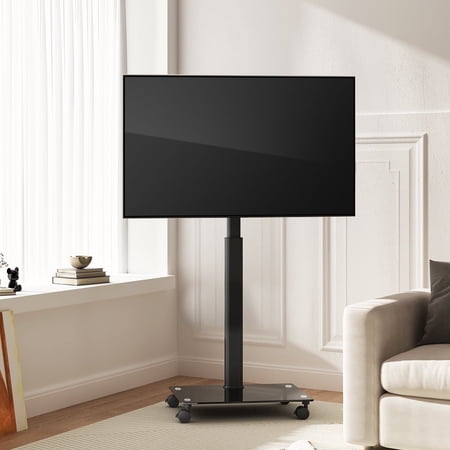 FITUEYES Swivel Modern Rolling TV Stand Mobile TV Cart with Wheels Holds up to 65 inch TV,with Tempered Glass Base and Safety Hooks