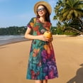 thumbnail image 4 of Goofa Butterfly Flower Cascade Pattern Women Summer Short Sleeve Midi Dress with Pockets Casual Aline Flowy Tshirt Dress Vocation Beach Sundress, 4 of 6