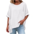 thumbnail image 3 of Rvasteizo Womens Summer Short Sleeve Turndown Collar Blouse Shirt Solid Color Linen Long Sleeve Top, 3 of 5