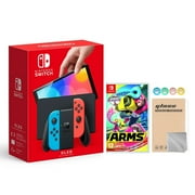 2021 New Nintendo Switch OLED Model Neon Red & Blue Joy Con 64GB Console HD Screen & LAN-Port Dock with Arms And Mytrix Joystick Caps & Screen Protector