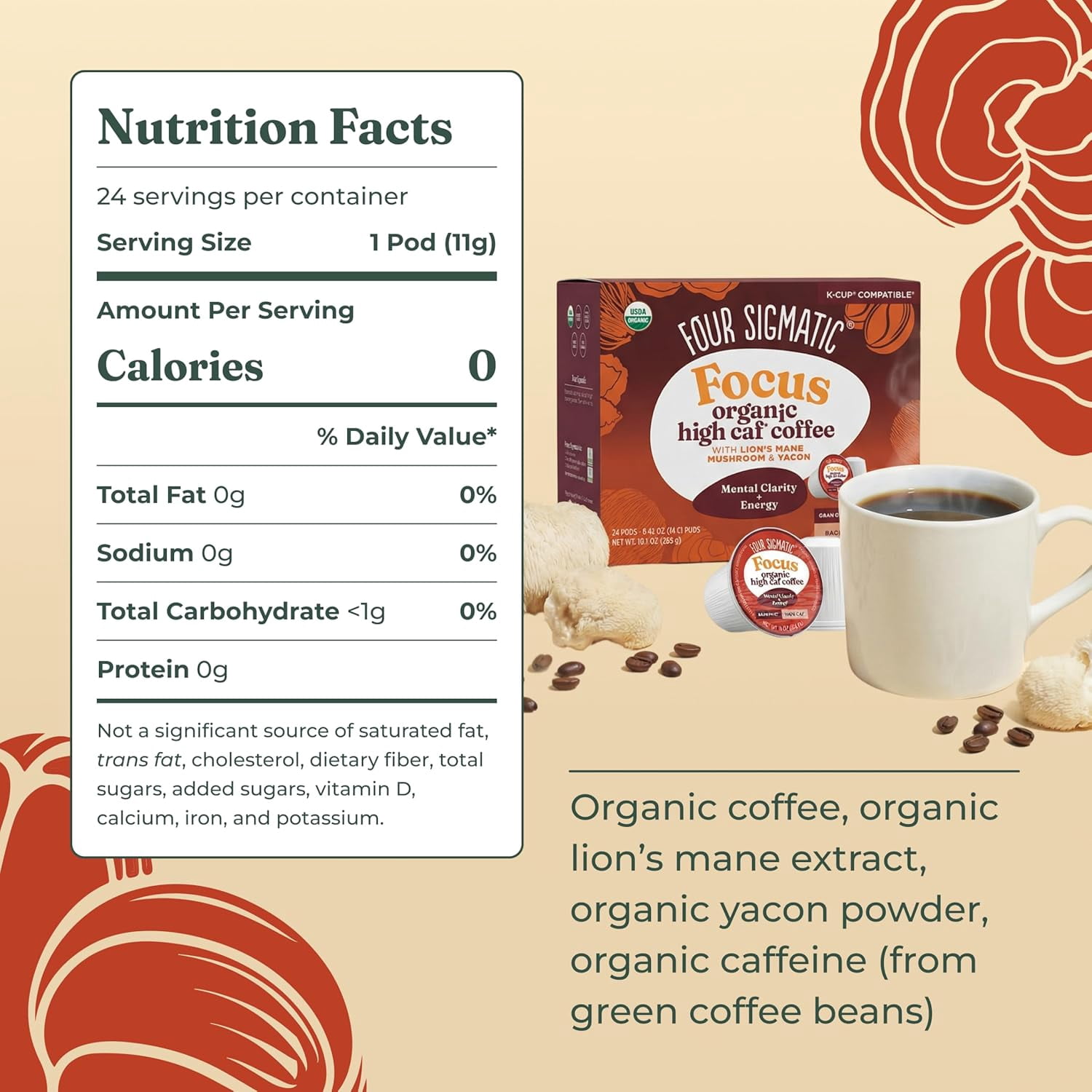 Four Sigmatic High Caffeine Mushroom Coffee K-Cups | Organic Dark Roast Coffee with Lion’s Mane & Chaga | Focus & Immune Support | Vegan & Keto | Sustainable Pods | 24 Count