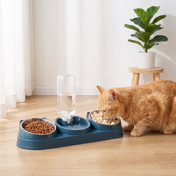 Cat Food and Water Bowl Set, 3-in-1 Cat Bowl Set with Dispenser & SS Bowls, Tilted Raised for Indoor Cats & Small/Medium Dogs