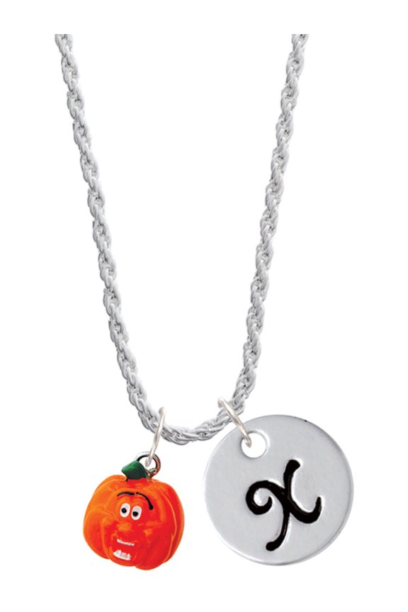 Resin Funny Ahh! Pumpkin Silvertone Script Initial Disc - X - Charm Necklace, 20"+3"